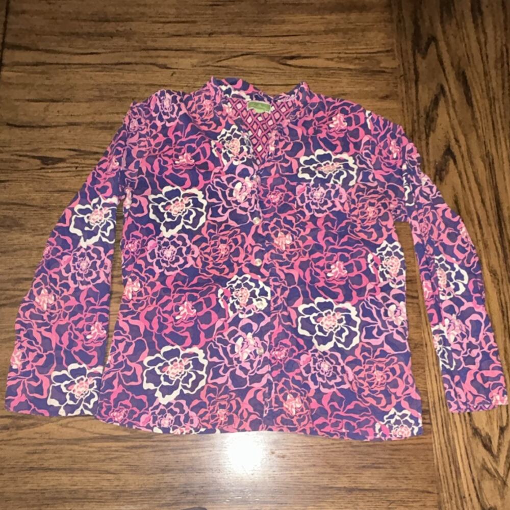 Vera Bradley Pink Purple Floral Long Sleeve Collared Button-Up Women's Blouse M - Picture 1 of 6